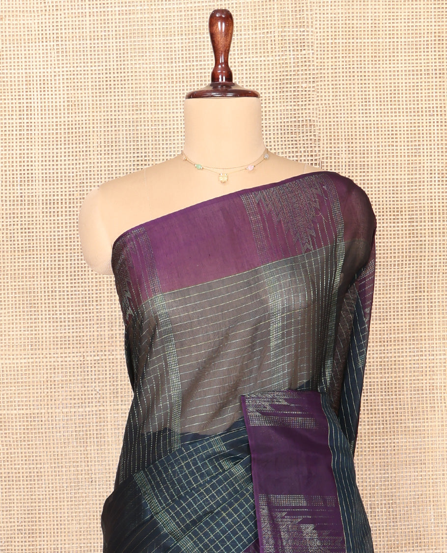 Blue Silk Cotton Saree, Accentuated with Checks On Its Body, Complemented by Contrast Temple Border, Intricately Designed Pallu and Paired with a Contrast Blouse