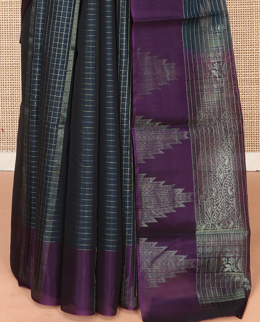 Blue Silk Cotton Saree, Accentuated with Checks On Its Body, Complemented by Contrast Temple Border, Intricately Designed Pallu and Paired with a Contrast Blouse