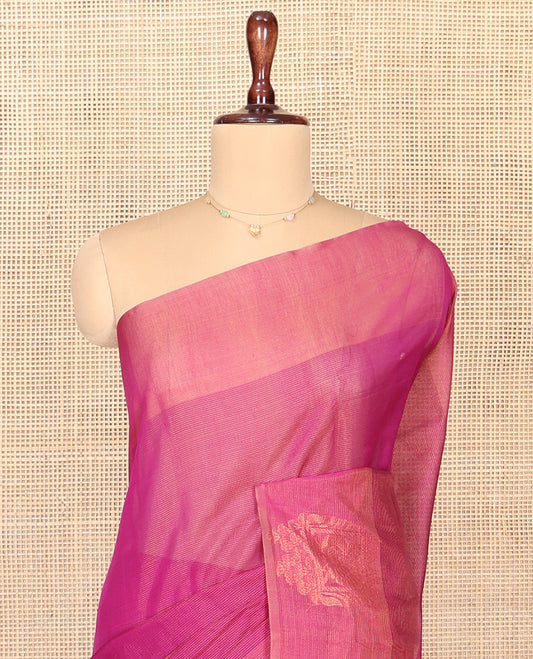 Pink Silk Cotton Saree, Decorated with Buttas All Over Its Body, Complemented by Contrast Border of Parrot Chariot Designs, Temple Pallu, and Paired with a Contrast Blouse