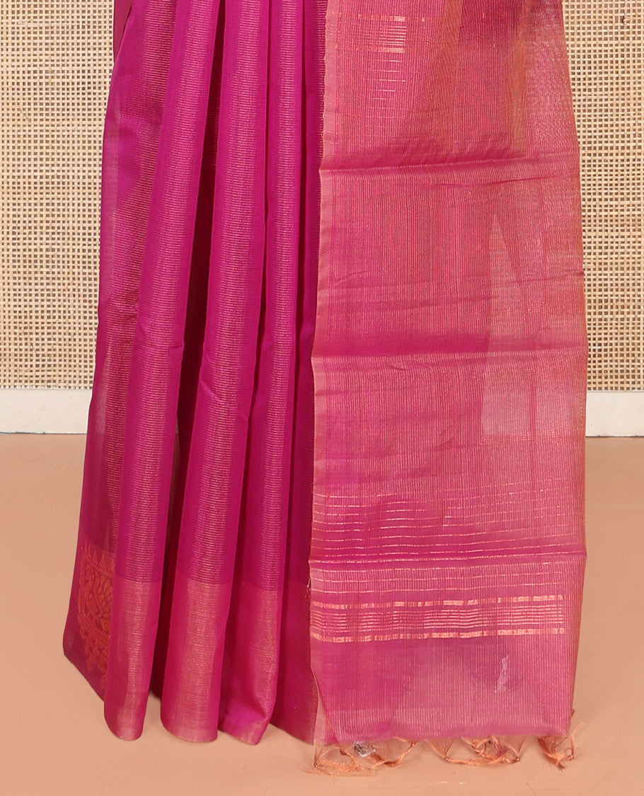 Pink Silk Cotton Saree, Decorated with Buttas All Over Its Body, Complemented by Contrast Border of Parrot Chariot Designs, Temple Pallu, and Paired with a Contrast Blouse