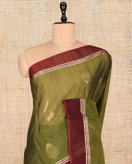 Green Silk Cotton Saree, Detailed with Zari Buttas, a Contrast Border, Contrast Zari Woven Pallu, and a Contrast Blouse