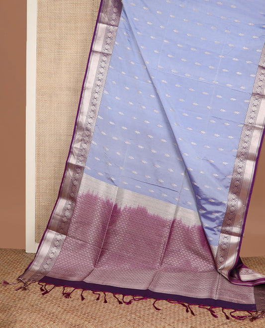 Blue zari buttas soft silk saree, contrast traditional zari design border, and pallu of scallop designs