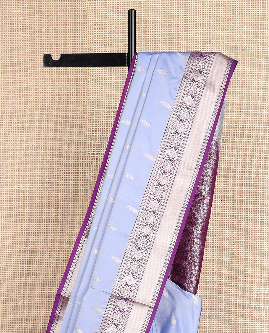 Blue zari buttas soft silk saree, contrast traditional zari design border, and pallu of scallop designs