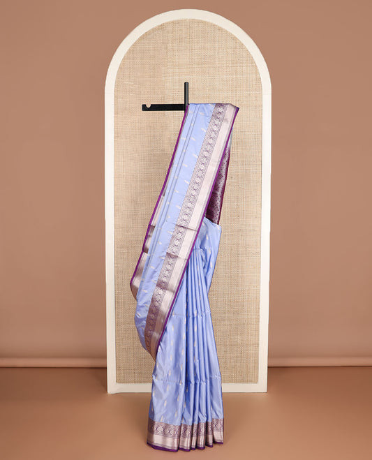 Blue zari buttas soft silk saree, contrast traditional zari design border, and pallu of scallop designs