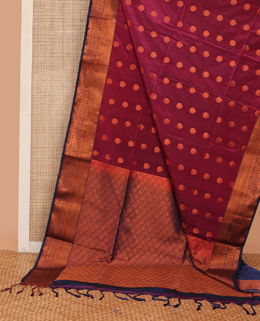 Purple semi-soft silk saree with buttas, contrast rettai pettu traditional design border & pallu of jaal design