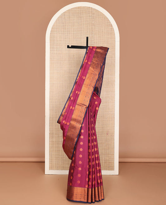 Purple semi-soft silk saree with buttas, contrast rettai pettu traditional design border & pallu of jaal design