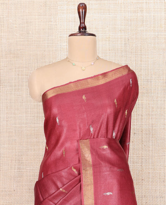 Red Tussar Silk Saree, Embellished with Paisley Buttas All Over Its Body, Subtly Piping Border, Pallu Woven with Floral Designs, and Paired with a Matching Blouse