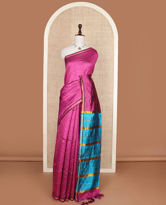 Purple checked tussar silk saree, zari border, and contrast striped pallu