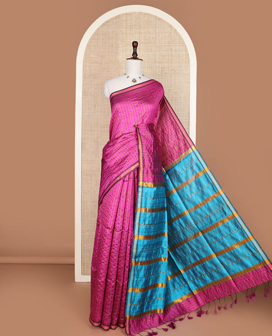 Purple checked tussar silk saree, zari border, and contrast striped pallu