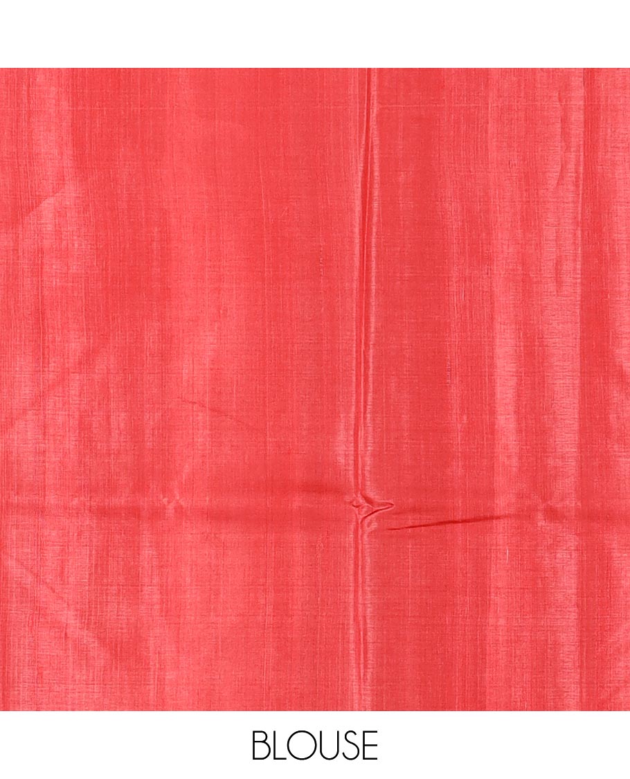 Pink plain tussar silk saree, self border and pallu features geometric patterns, and temple motifs