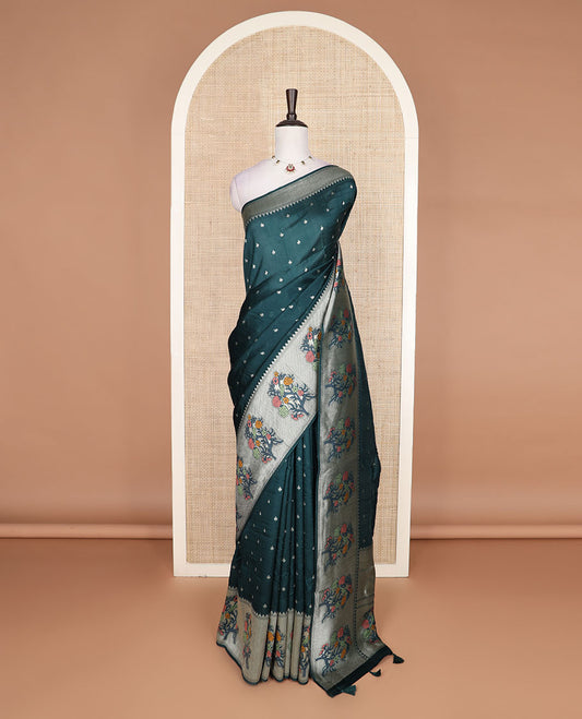 Green buttas Matka silk saree, temple floral design temple border, and floral design pallu