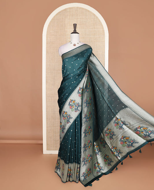 Green buttas Matka silk saree, temple floral design temple border, and floral design pallu