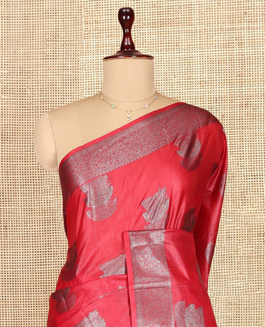 Red Tusser Silk Saree, Elevated with Zari Buttas, a Zari Border, Grand Pallu, and a Matching Blouse
