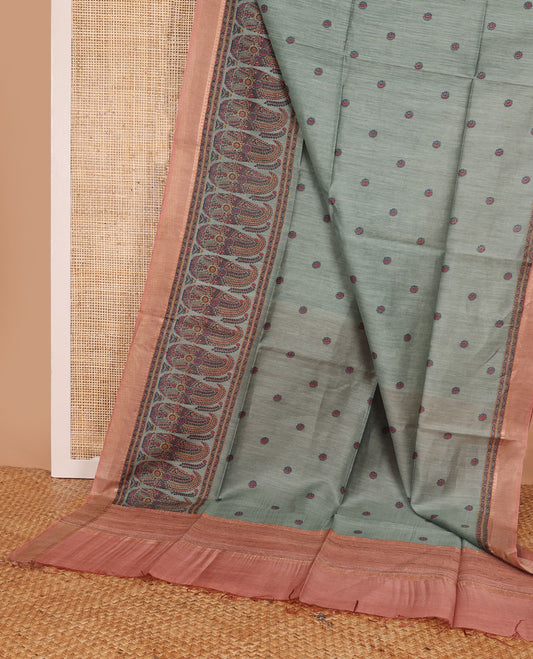 Green floral & big paisleys motifs printed tussar saree, contrast temple border &  plain pallu