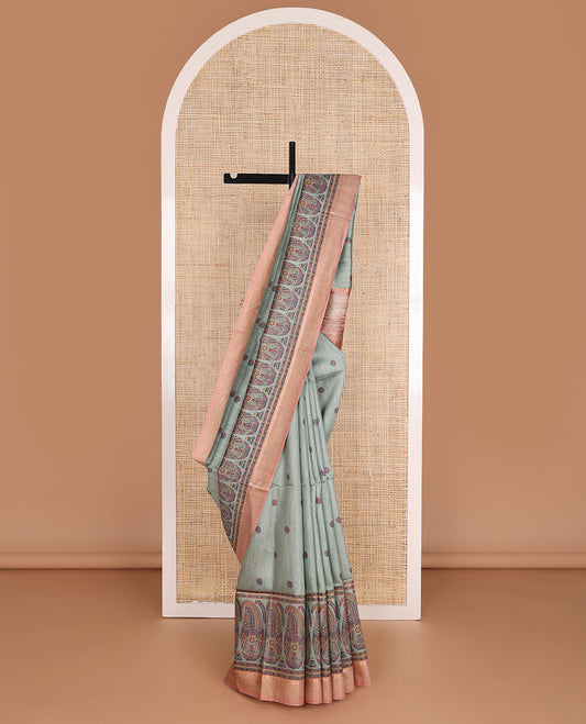 Green floral & big paisleys motifs printed tussar saree, contrast temple border &  plain pallu