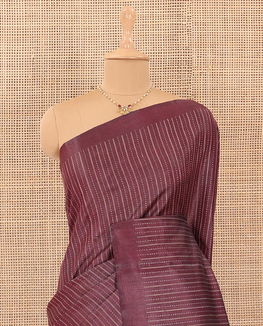 Maroon tiny boxed motif stripes and vertical striped tussar silk saree, self-border, and checked pallu