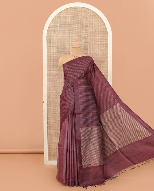 Maroon tiny boxed motif stripes and vertical striped tussar silk saree, self-border, and checked pallu