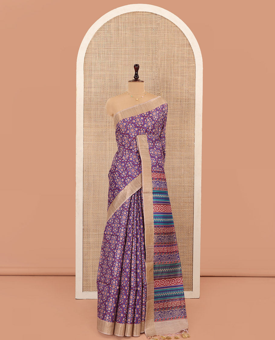 Blue Tussar Silk Saree Decked Up with Ogee Patterns All Over Its Body, Featuring a Contrast Border, Pallu Featuring Geometric Motifs Print, and Paired with a Contrast Blouse