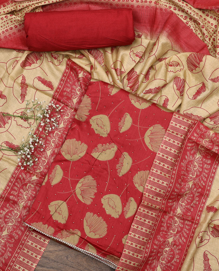 Red material chudidar set, floral motifs printed and stone work top, plain bottom, and floral motifs printed dupatta