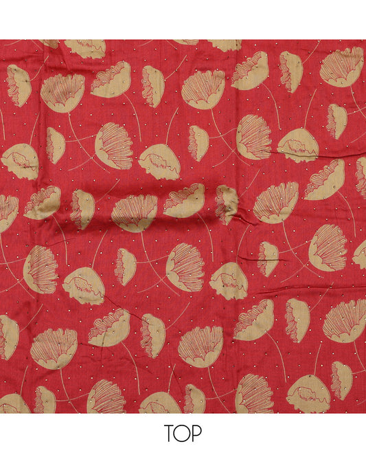 Red material chudidar set, floral motifs printed and stone work top, plain bottom, and floral motifs printed dupatta