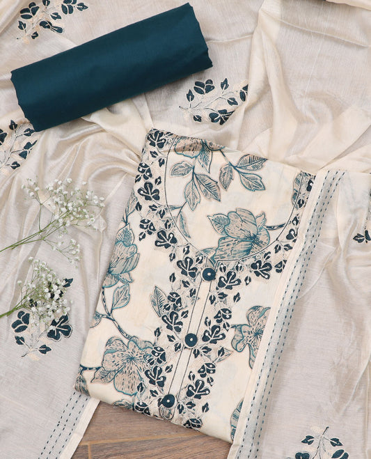Cream-blue material churidar set, floral print and neck embroidered top, contrast plain bottom, and a floral embroidered dupatta