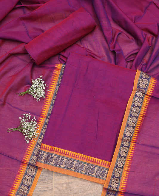 Purple peacock, temple design chudidhar material top with plain bottom & plain, zari design border dupatta