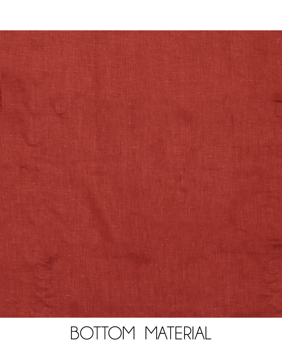 Terracotta material chudidar set, Ajrakh floral motifs with neck patch embroidered top, plain bottom and contrast thread geometric patterns woven dupatta