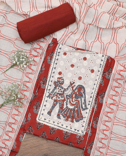 Terracotta material chudidar set, Ajrakh floral motifs with neck patch embroidered top, plain bottom and contrast thread geometric patterns woven dupatta