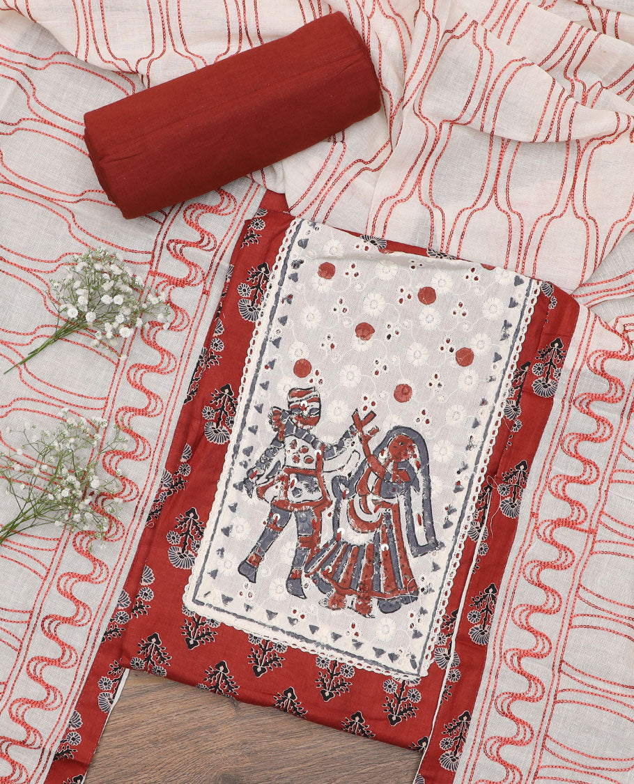 Terracotta material chudidar set, Ajrakh floral motifs with neck patch embroidered top, plain bottom and contrast thread geometric patterns woven dupatta