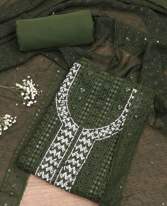 Green Material Chudidar Set, Decked Up with Chikankari-style Thread Embroidered  and Neck Stone Work Georgette Top, a Plain Santoon Bottom, and Paired with Embroidered Georgette Dupatta