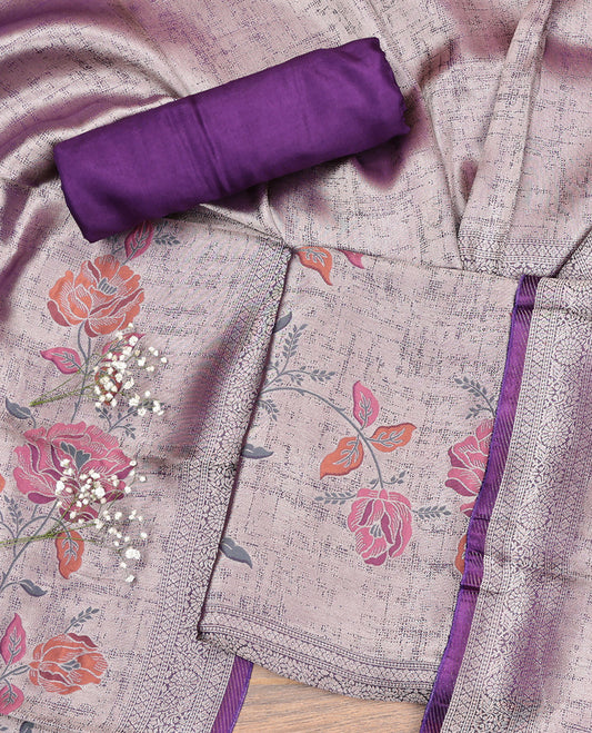 Grey Material Churidar Set, Artfully Detailed with Floral Prints on Its Banarasi-Silk Top, a Contrast Rayon Bottom, and Floral Printed Dupatta
