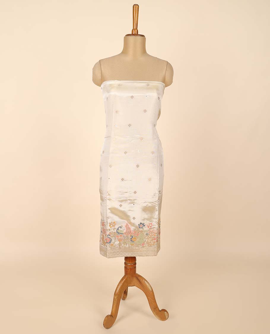 Cream material chudidhar set, embroidered top, plain bottom & floral & peacock print & embroidered dupatta