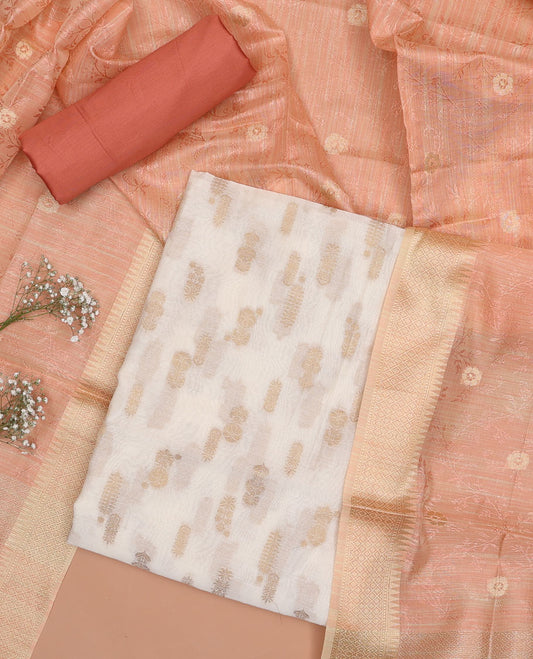 Cream chudidhar material set, foral motifs top , brown plain bottom & floral embroidered dupatta
