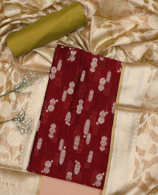 Red chududhar material set , floral motifs top, Green plain bottom & floral vine zari design dupatta
