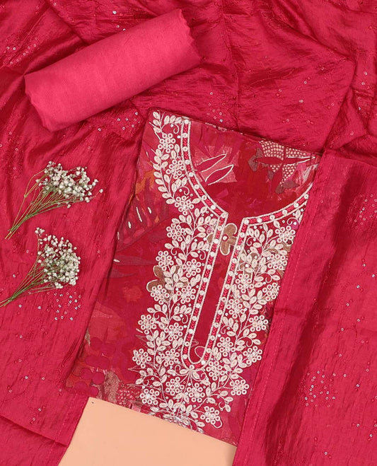 Red chudidhar material set floral thread embroidered top with plain bottom & sequins embroidered dupatta