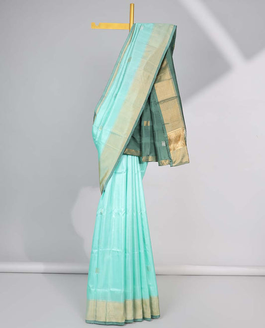 Blue geometric motifs upadda silk saree with contrast zari border & geometric zari design pallu