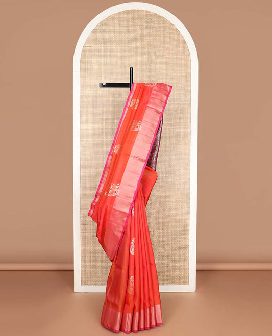 Red floral motifs uppada silk saree with contrast zari border & checked floral design pallu