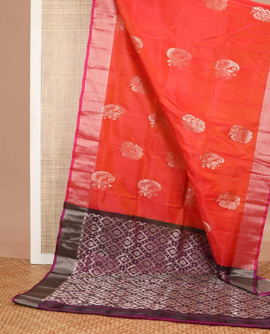 Red floral motifs uppada silk saree with contrast zari border & checked floral design pallu