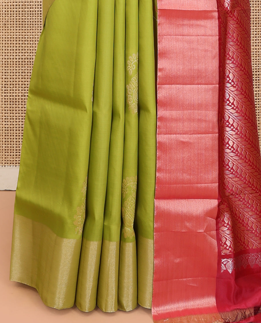 Green Uppada Saree, Decked Up with Floral Buttas, a Bavanji Border, Contrast Intricate Pallu, and a Contrast Blouse