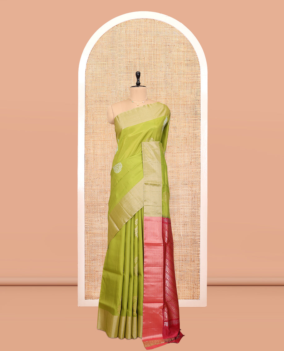 Green Uppada Saree, Decked Up with Floral Buttas, a Bavanji Border, Contrast Intricate Pallu, and a Contrast Blouse