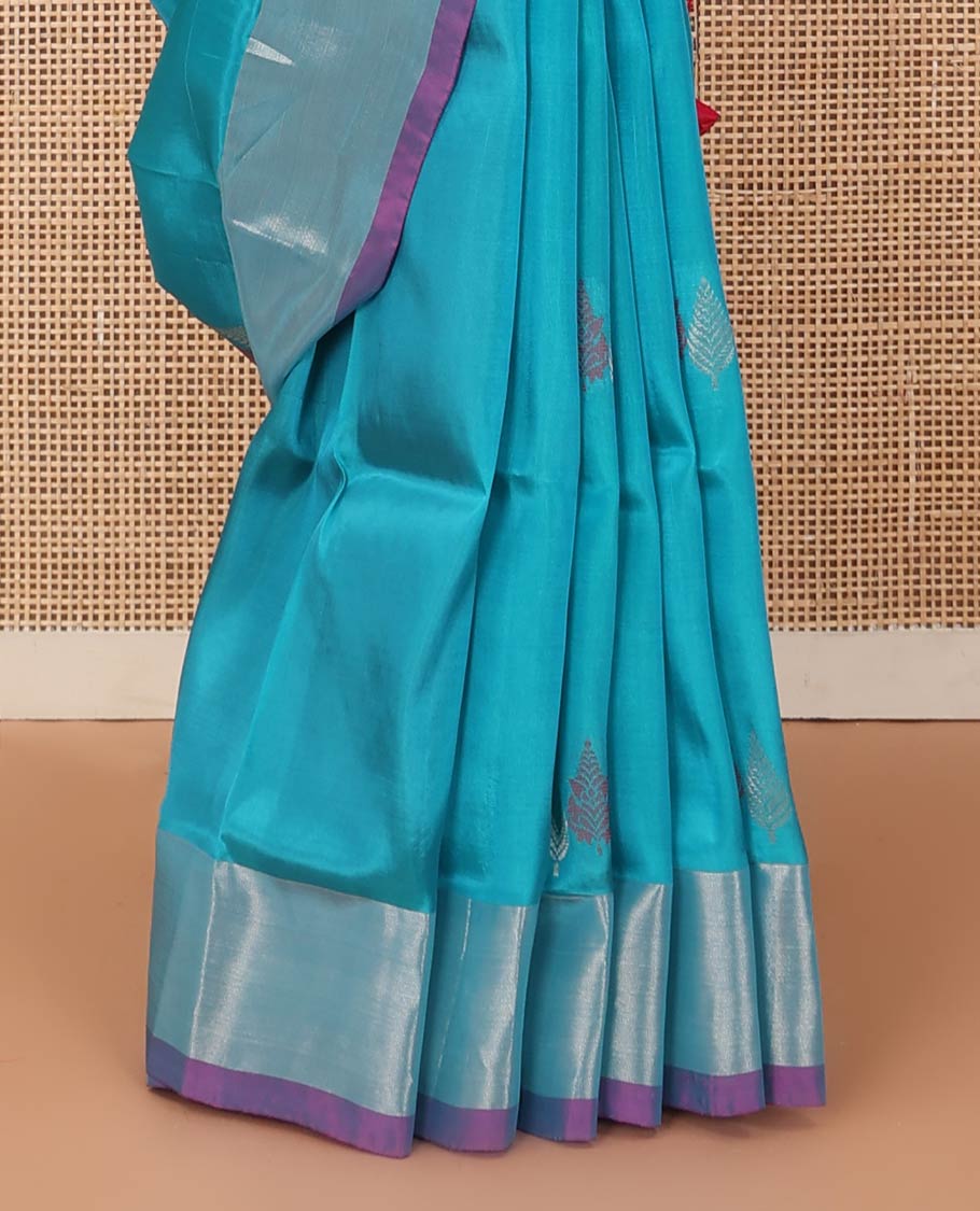 Blue cypress tree buttas Uppada saree, contrast bavanji border, and jaal design pallu