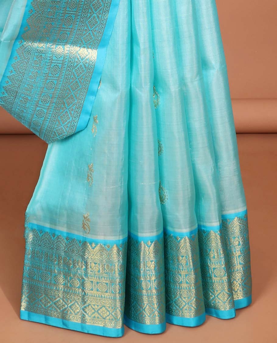 Blue Floral motifs vengatagiri pure silk saree , contrast traditional border & argyle design pallu