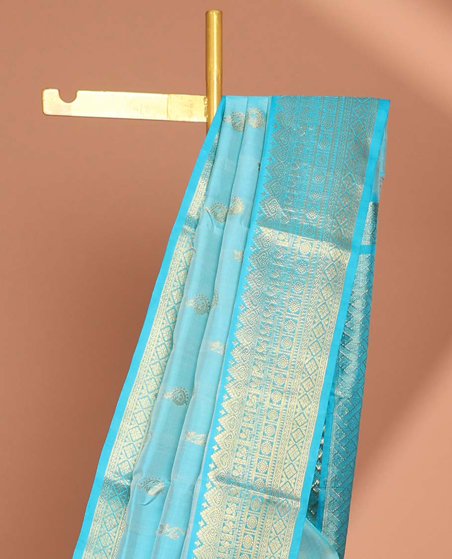 Blue Floral motifs vengatagiri pure silk saree , contrast traditional border & argyle design pallu