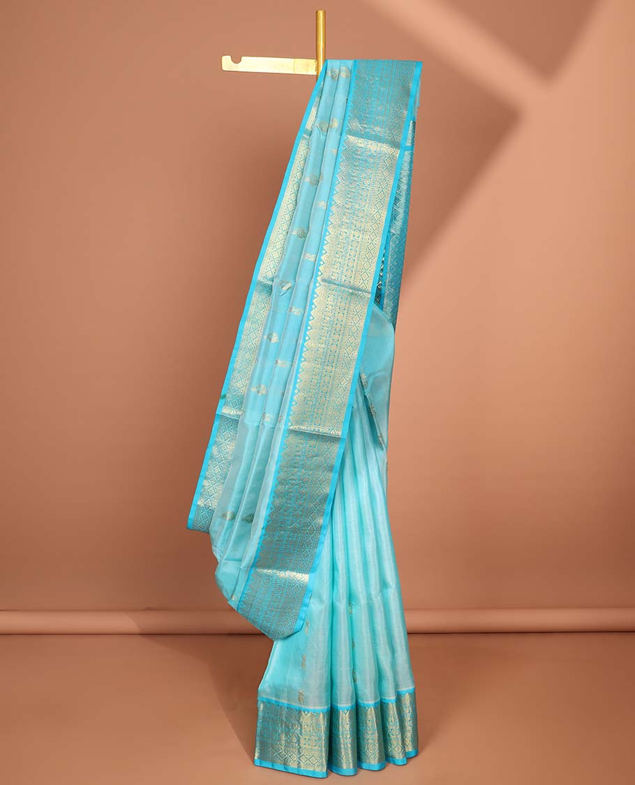 Blue Floral motifs vengatagiri pure silk saree , contrast traditional border & argyle design pallu