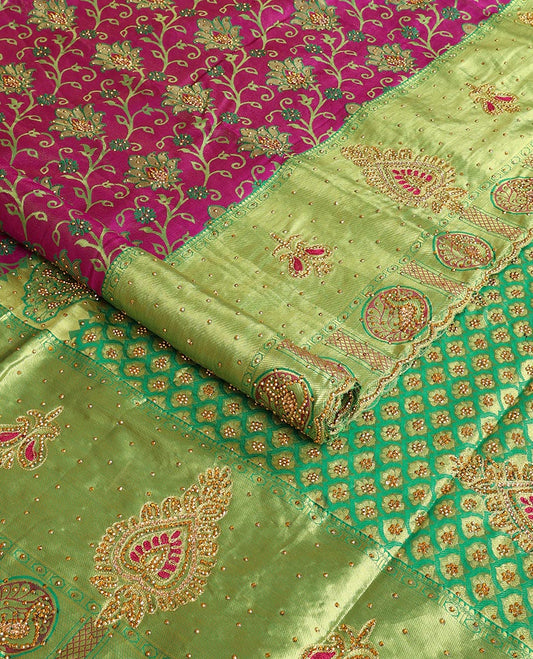 Purple floral design vastrakala silk saree with stone work, contrast floral stone work scallop border & floral design in stone work pallu