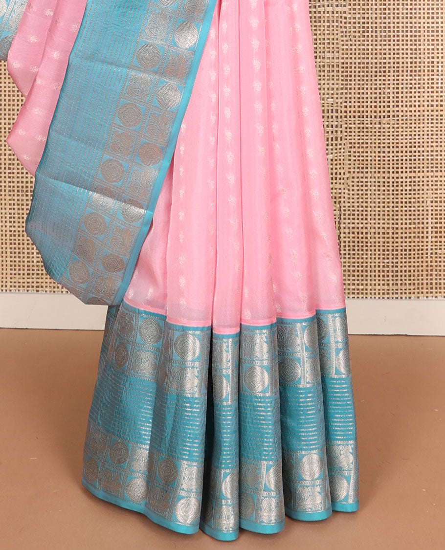 Baby pink buttas vasundhara elite silk saree with contrast zari design border & floral jaal design pallu