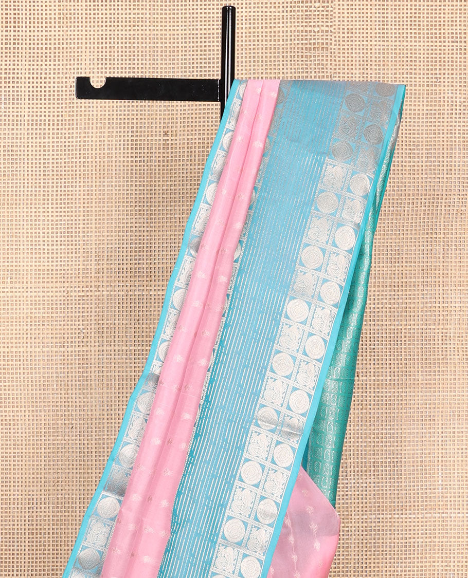 Baby pink buttas vasundhara elite silk saree with contrast zari design border & floral jaal design pallu