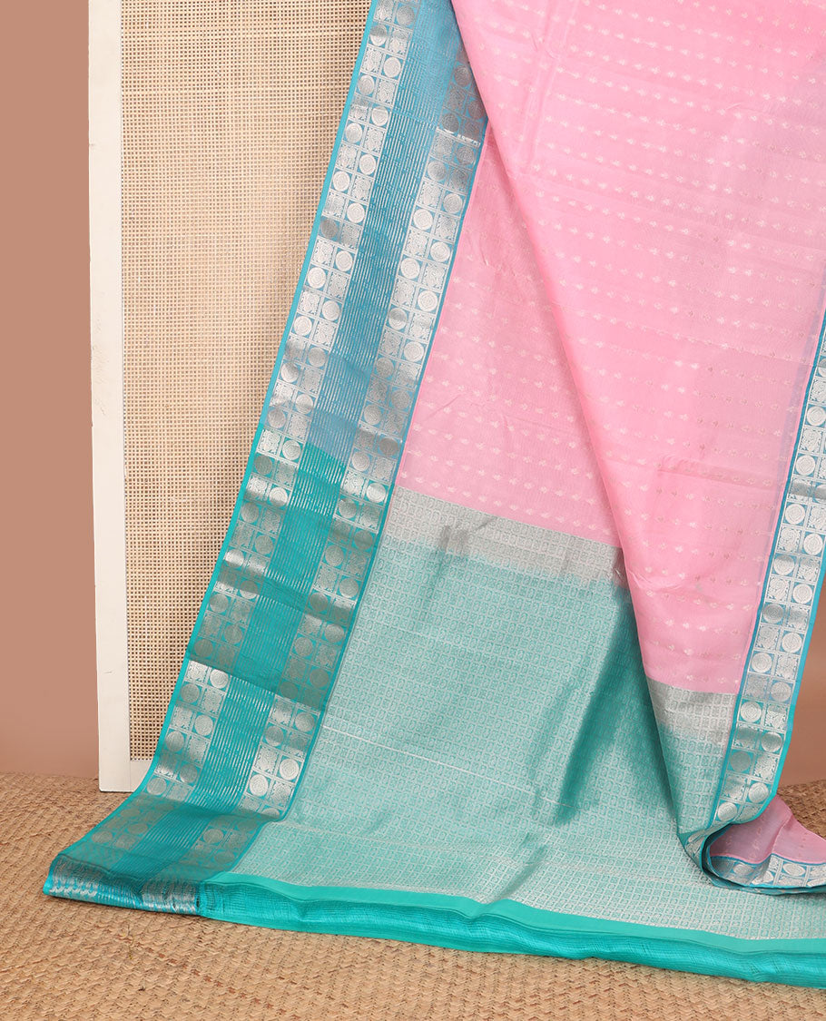 Baby pink buttas vasundhara elite silk saree with contrast zari design border & floral jaal design pallu