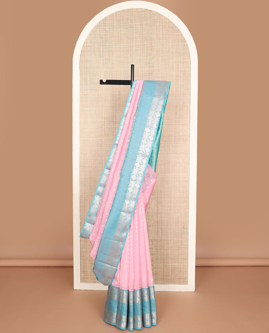 Baby pink buttas vasundhara elite silk saree with contrast zari design border & floral jaal design pallu