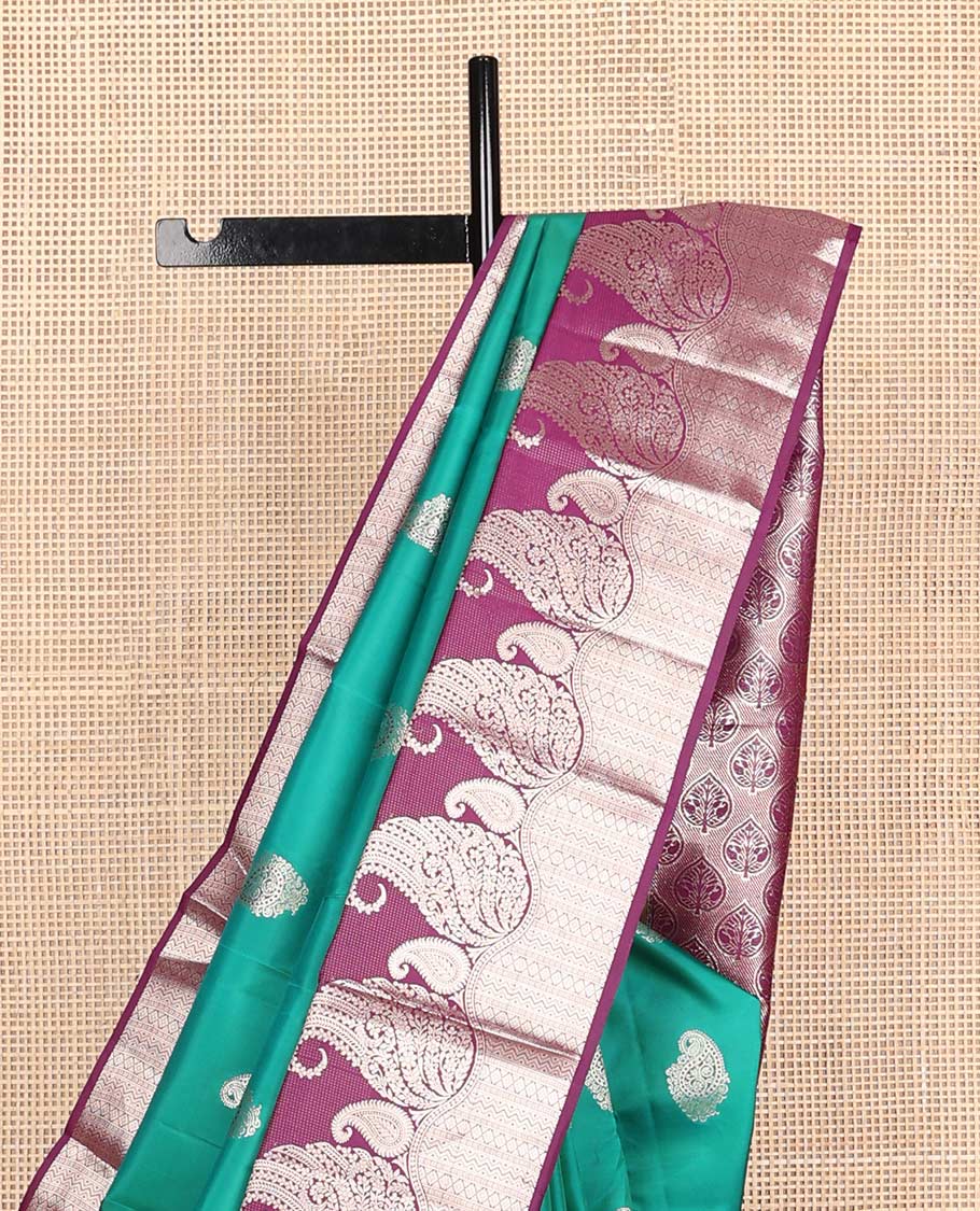 Green manga buttas Vasundhara silk mix saree, contrast manga butta & geometric patterns border & pallu of spade designs
